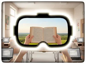 VR.Brille blickt auf ein Buch in einem Klassenzimmer mit Laptops