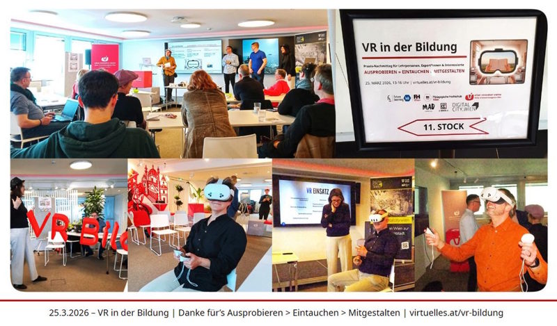 Motivbild der Veranstaltung: Klassenzimmer mit Laptops in dem der Blick durch eine VR-Brille auf Hände führt, die ein aufgeschlagenes Buch halten und in einer grünen, sonnigen Landschaft sind.