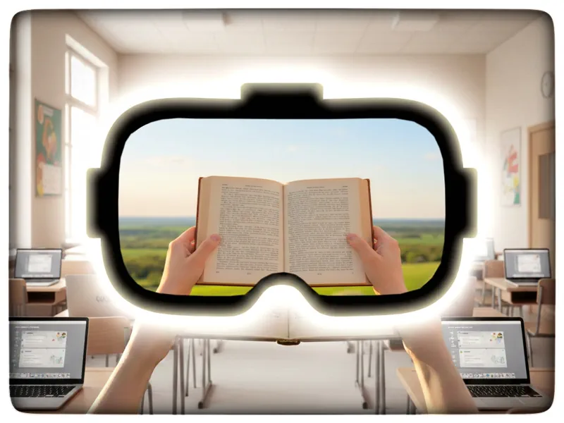 Motivbild der Veranstaltung: Klassenzimmer mit Laptops in dem der Blick durch eine VR-Brille auf Hände führt, die ein aufgeschlagenes Buch halten und in einer grünen, sonnigen Landschaft sind.